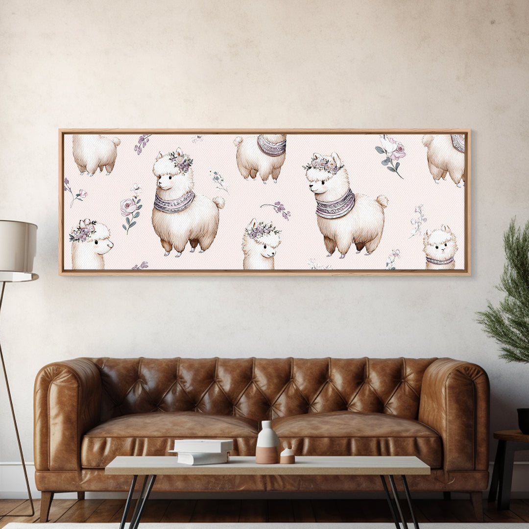 Cute Llama with Blanket Pattern Canvas Print, Nursery Decor, Nursery Wall Decal, Oil Painting, Nursery, Minimalist Decor, NDE-3x1-85