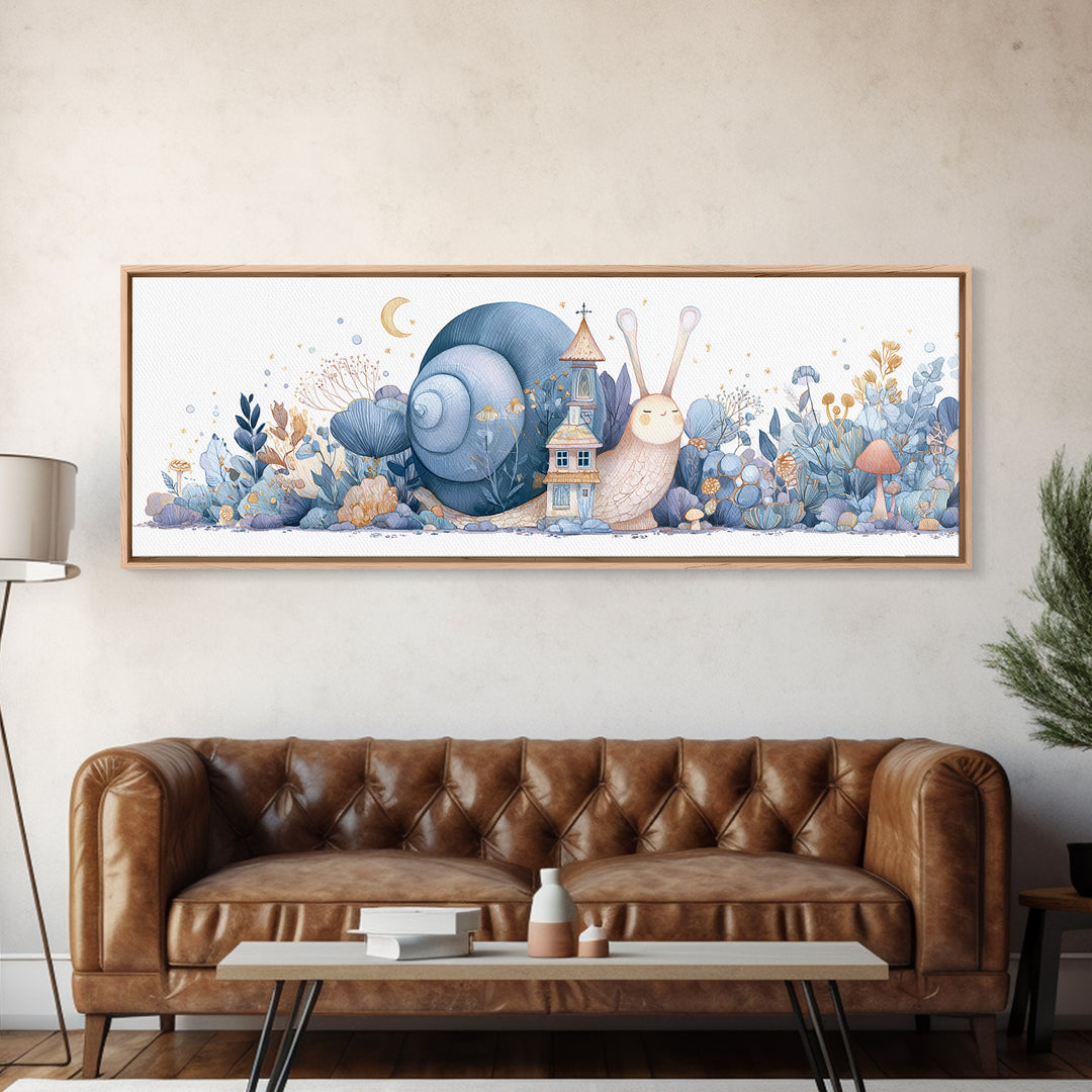 Garden Snail with Mushroom House Framed Canvas Print, Nursery Decor, Nursery, Fine Art, Nursery, Baby Girl Nursery Decor, NDE-3x1-87