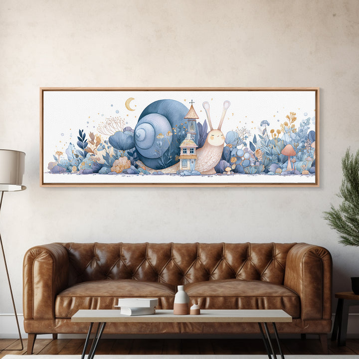 Garden Snail with Mushroom House Framed Canvas Print, Nursery Decor, Nursery, Fine Art, Nursery, Baby Girl Nursery Decor, NDE-3x1-87