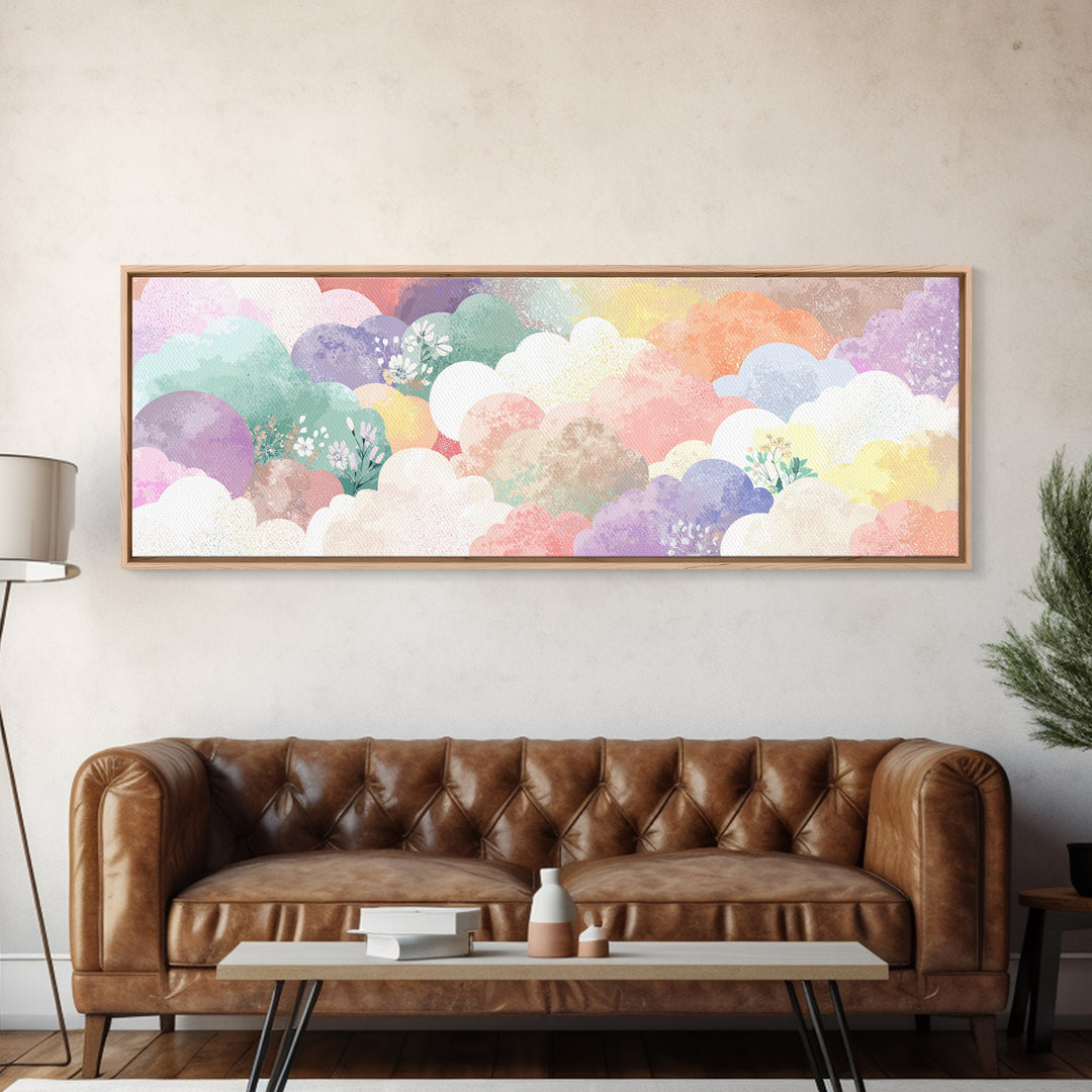 Pastel Rainbow with Soft Cloud Shapes Framed Canvas Print, Nursery Decor, Boho Decor, Fine Art, Nursery, Nursery Wall Art, NDE-3x1-89