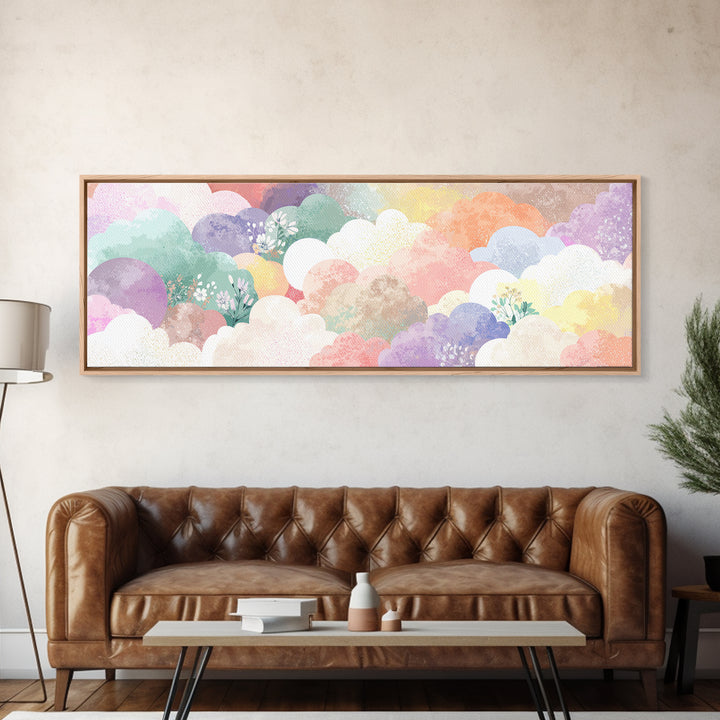 Pastel Rainbow with Soft Cloud Shapes Framed Canvas Print, Nursery Decor, Boho Decor, Fine Art, Nursery, Nursery Wall Art, NDE-3x1-89