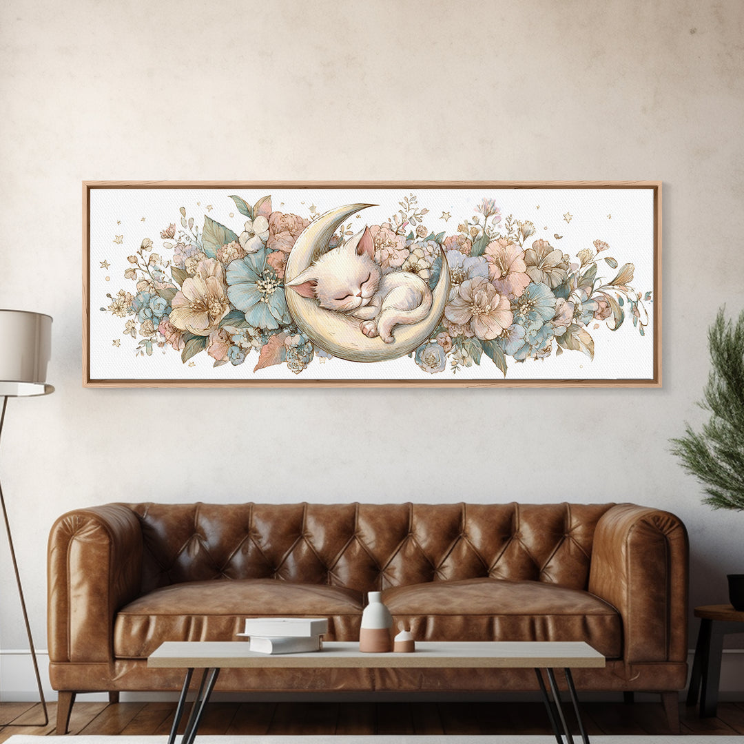 Sleeping Kitten on Crescent Moon Framed Canvas Print, Nursery Decor, Nursery Prints, Fine Art, Nursery, Nursery Wall Decal, NDE-3x1-9