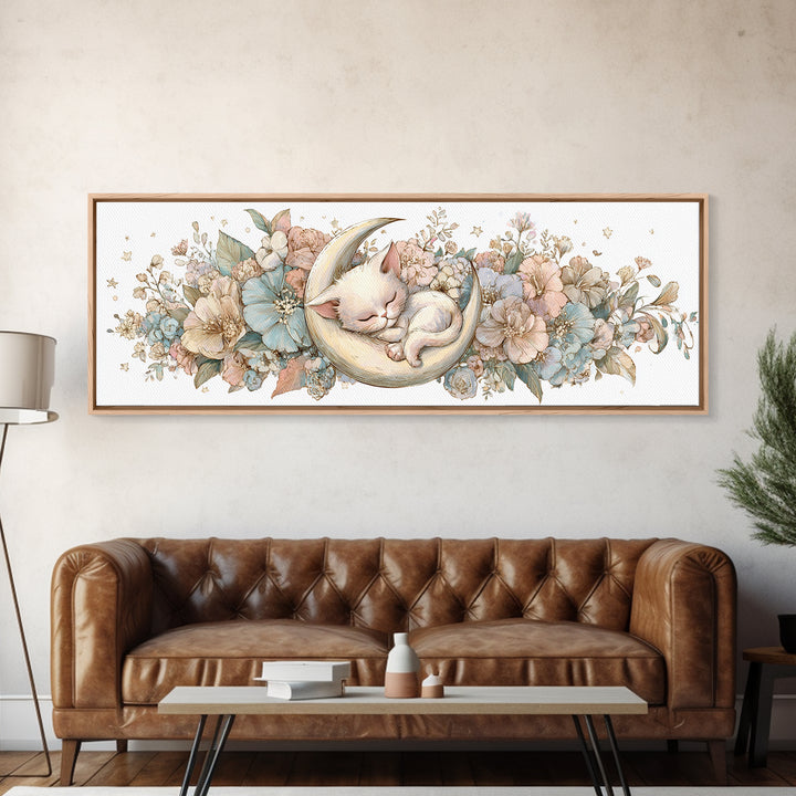 Sleeping Kitten on Crescent Moon Framed Canvas Print, Nursery Decor, Nursery Prints, Fine Art, Nursery, Nursery Wall Decal, NDE-3x1-9