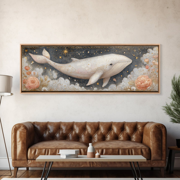 Baby Whale Swimming Through Stars Canvas Print, Nursery Decor, Textured Painting, Fine Art, Nursery, Bedroom Decor, Wall Decal, NDE-3x1-96