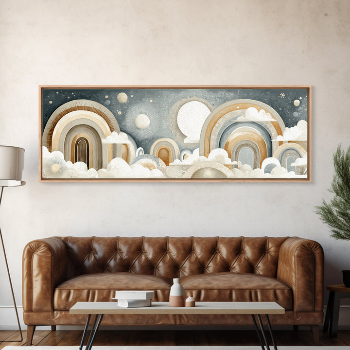 Neutral Boho Sun and Arch Shapes Framed Canvas Print, Nursery Decor, Framed Wall Art, Fine Art, Nursery, Safari Nursery Decor, NDE-3x1-99