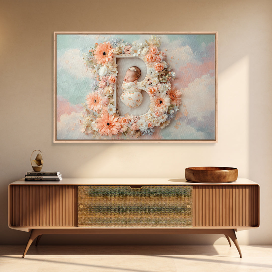 Soft Floral Initial Frame Without Letters Framed Canvas Print, Nursery Decor, Nursery Wall Decor, Oil Painting, Nursery, NDE-3x2-14