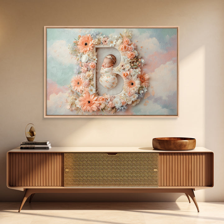 Soft Floral Initial Frame Without Letters Framed Canvas Print, Nursery Decor, Nursery Wall Decor, Oil Painting, Nursery, NDE-3x2-14
