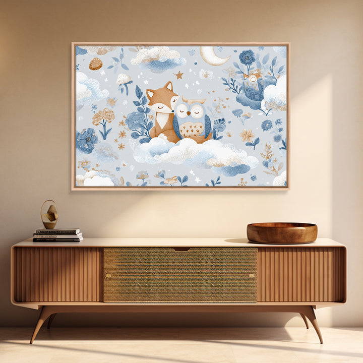 Fox and Owl Friends Framed Canvas Print, Nursery Decor, Nursery Art, Fine Art, Nursery, Kids Wall Art, Nursery Wall Decals, NDE-3x2-18