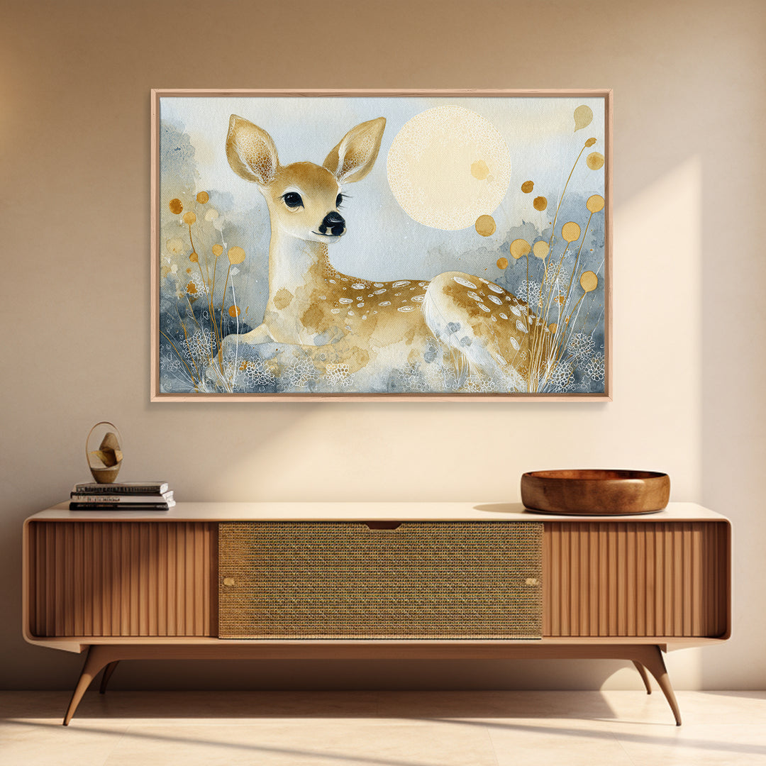 Baby Deer in Meadow with Fireflies Framed Canvas Print, Nursery Decor, Wall Decal, Nursery, Wall Light, Girl Nursery Decor, NDE-3x2-2