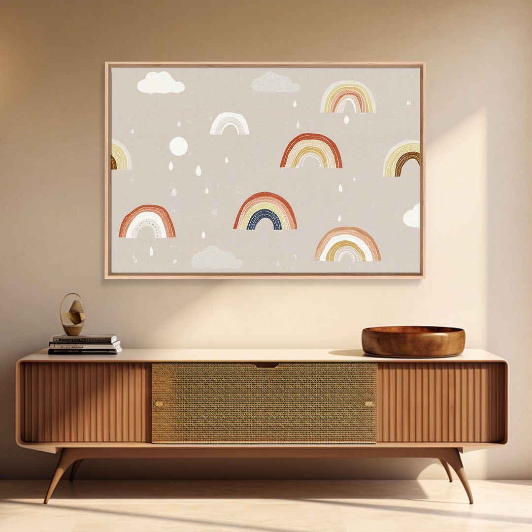 Cloud Rainbow and Raindrop Composition Framed Canvas Print, Nursery Decor, Nursery Name Sign, Fine Art, Nursery, Luxury Decor, NDE-3x2-24