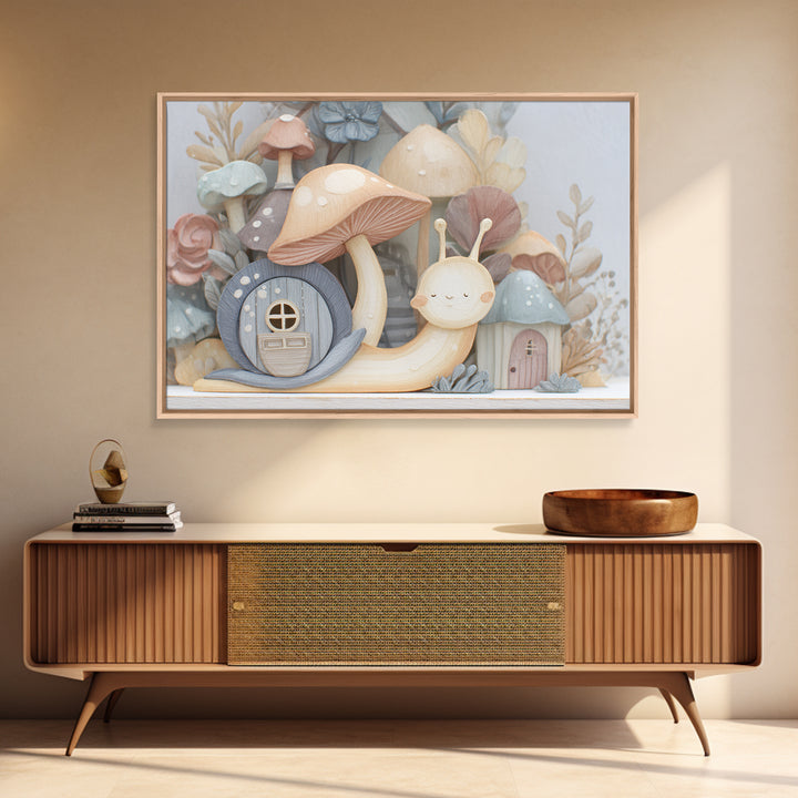 Garden Snail with Mushroom House Framed Canvas Print, Nursery Decor, Gallery Decor, Fine Art, Nursery, Wall Art, Home Decor, NDE-3x2-27