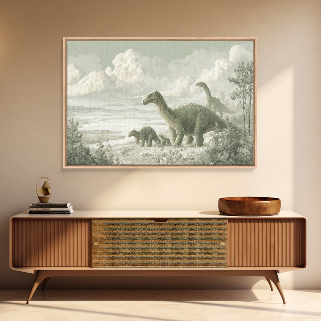 Gentle Dinosaur Family Framed Canvas Print, Nursery Decor, Room Decor, Fine Art, Nursery, Framed Wall Art, Bedroom Decor, NDE-3x2-35