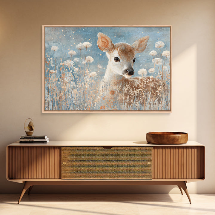 Baby Deer in Meadow with Fireflies Framed Canvas Print, Nursery Decor, Floral Wallpaper, Fine Art, Nursery, Fine Art Print, NDE-3x2-50