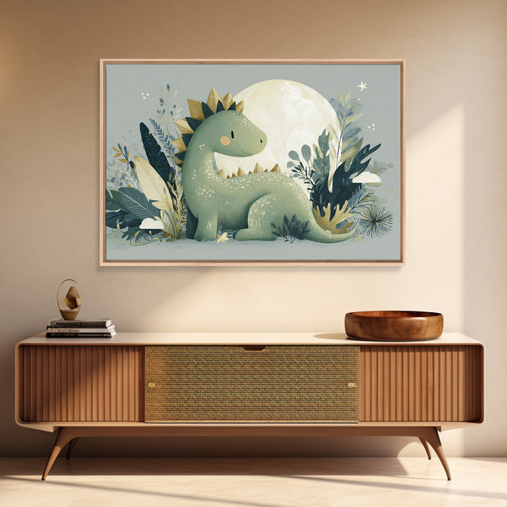 Gentle Dinosaur Family Framed Canvas Print, Nursery Decor, Nursery Wall Art, Oil Painting, Nursery, Botanical Wall Art, NDE-3x2-59