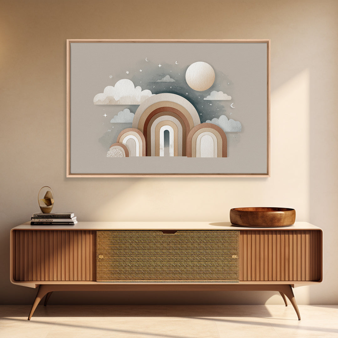 Neutral Boho Sun and Arch Shapes Framed Canvas Print, Nursery Decor, Wall Decor, Fine Art, Nursery, Woodland Nursery Decor, NDE-3x2-87