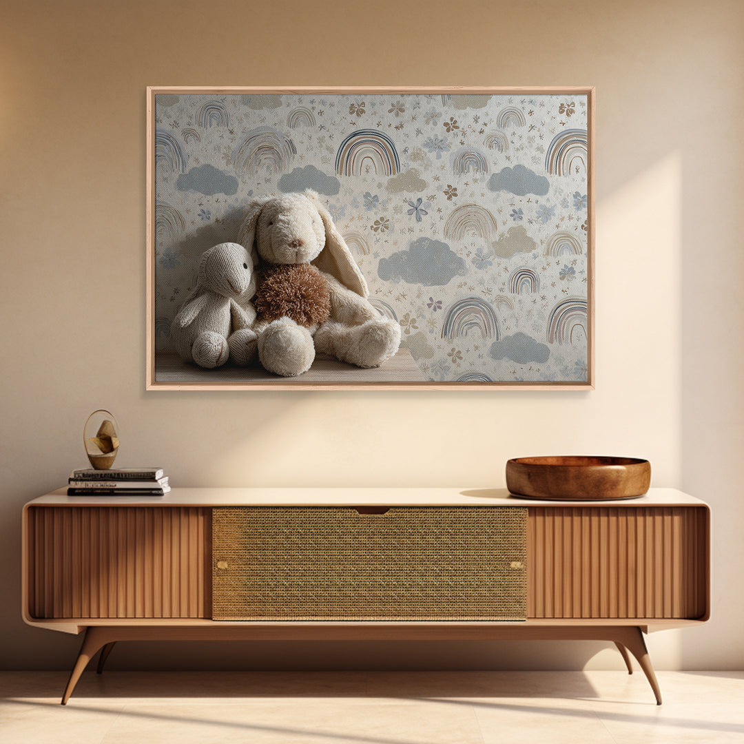 Cloud Rainbow and Raindrop Composition Framed Canvas Print, Nursery Decor, Canvas, Fine Art, Nursery, Playroom Decor, NDE-3x2-96