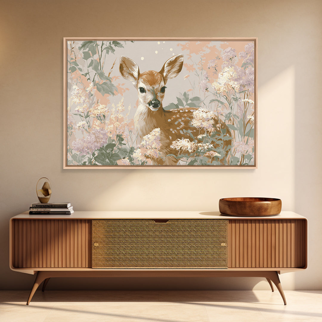 Baby Deer in Meadow with Fireflies Canvas Print, Nursery Decor, Nursery Wall Decals, Oil Painting, Nursery, Textured Painting, NDE-3x2-98