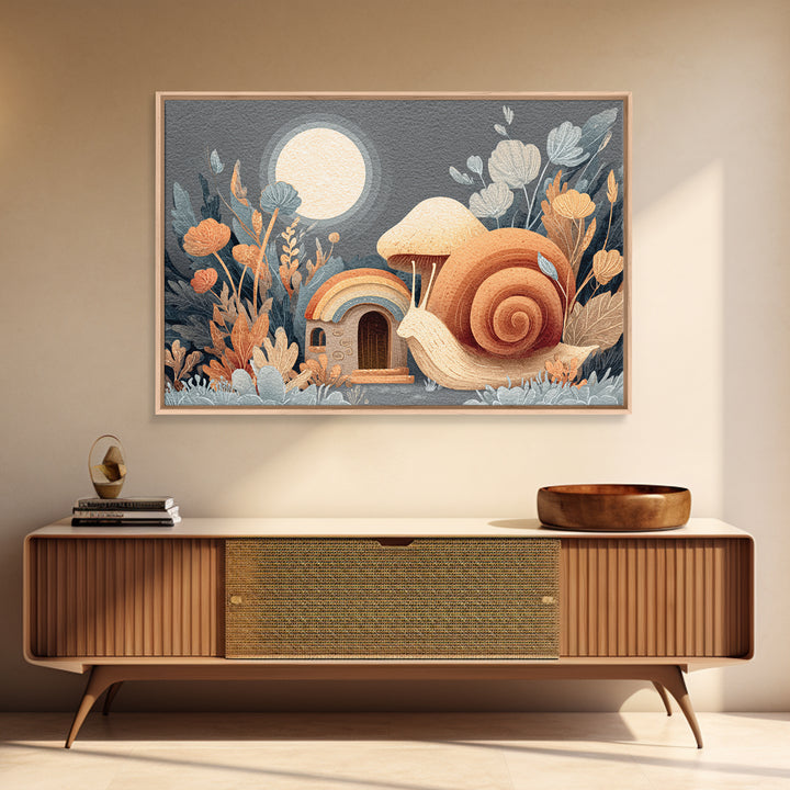 Garden Snail with Mushroom House Framed Canvas Print, Nursery Decor, Nursery, Fine Art, Nursery, Baby Girl Nursery Decor, NDE-3x2-99