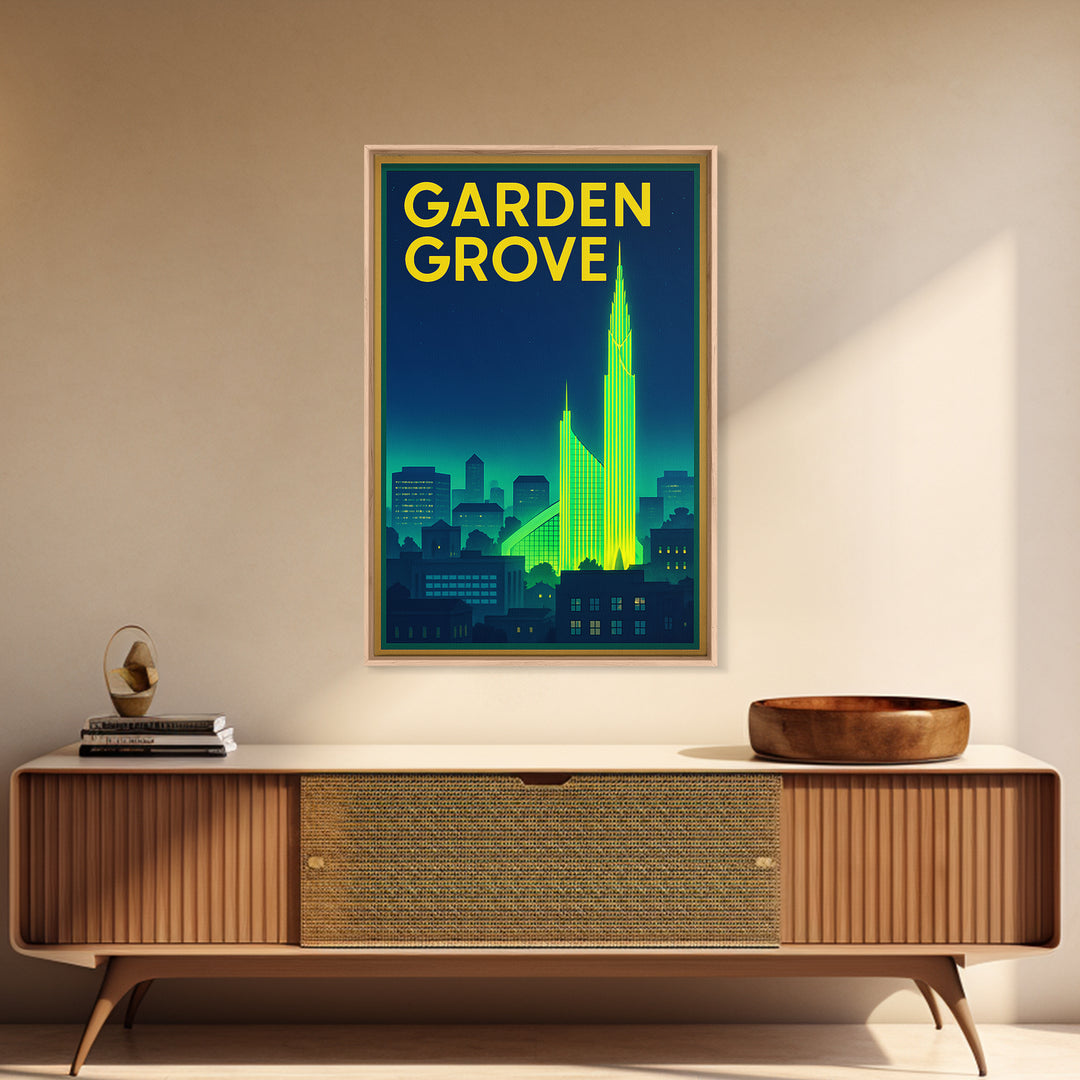 Garden Grove Travel Poster, Canvas Print, Electric Night Poster Art, Garden Grove Poster Print, Travel Wall Art, Wanderlust Decor