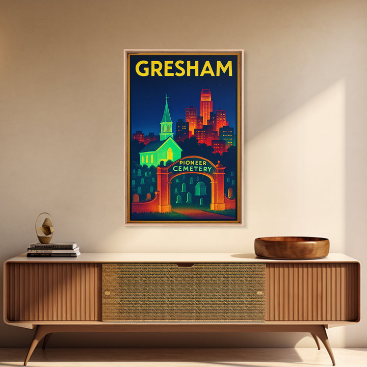 Gresham Travel Poster, Framed Canvas Print, Electric Night Poster Art, Gresham Poster Print, Vintage City Art, City Art Print, Design 2