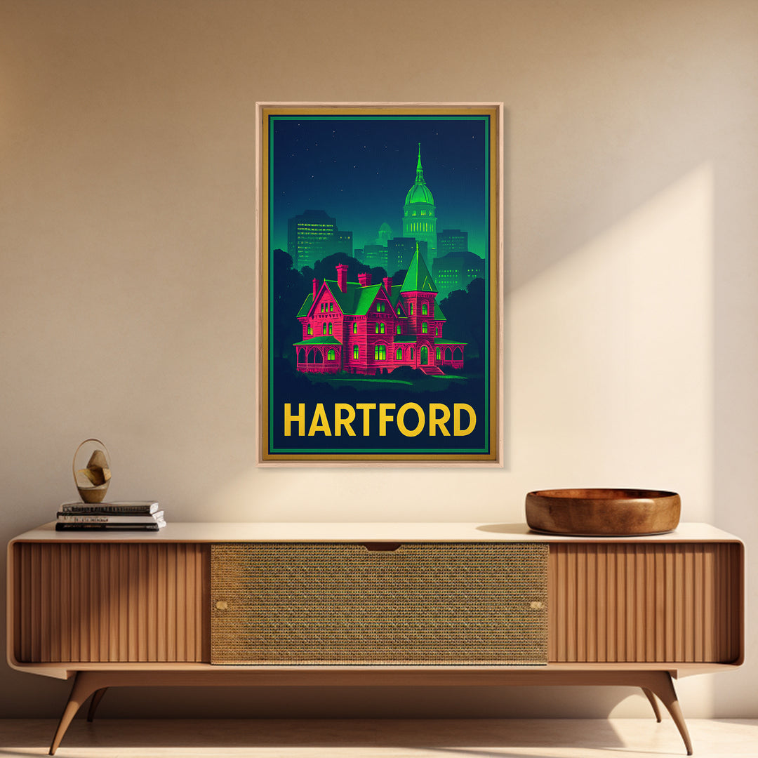 Hartford Connecticut Travel Poster, Canvas Print, Neon City Skyline Wall Art, Hartford Art Print, Wall Decor, Travel Art, Travel Print