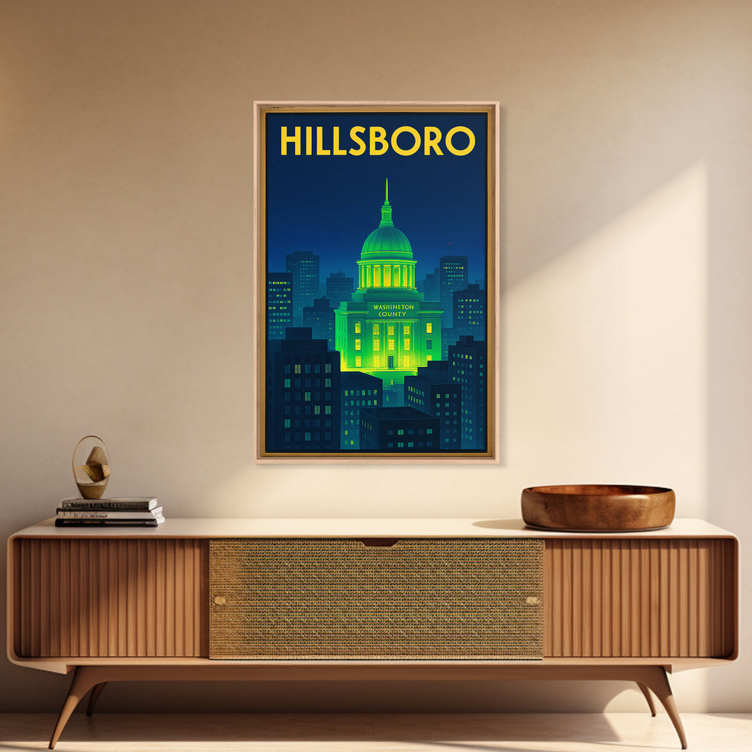 Hillsboro Travel Poster, Framed Canvas Print, Cyberpunk Style City Art, Hillsboro Travel Art, Vintage Travel Art, Fine Art Print