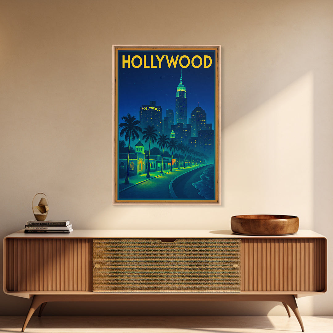 Hollywood Travel Poster, Canvas Print, Retro Neon Travel Art, Hollywood City Art, Travel Wall Art, Travel Wall Decor, City Art Print