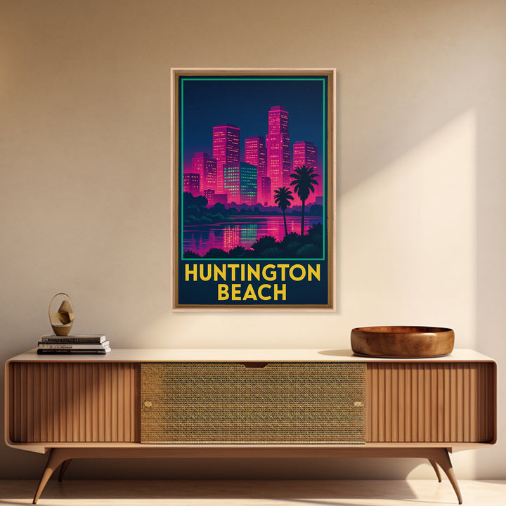 Huntington Beach California Travel Poster, Canvas Print, Electric Night Poster Art, Huntington Beach Travel Art, Office Decor