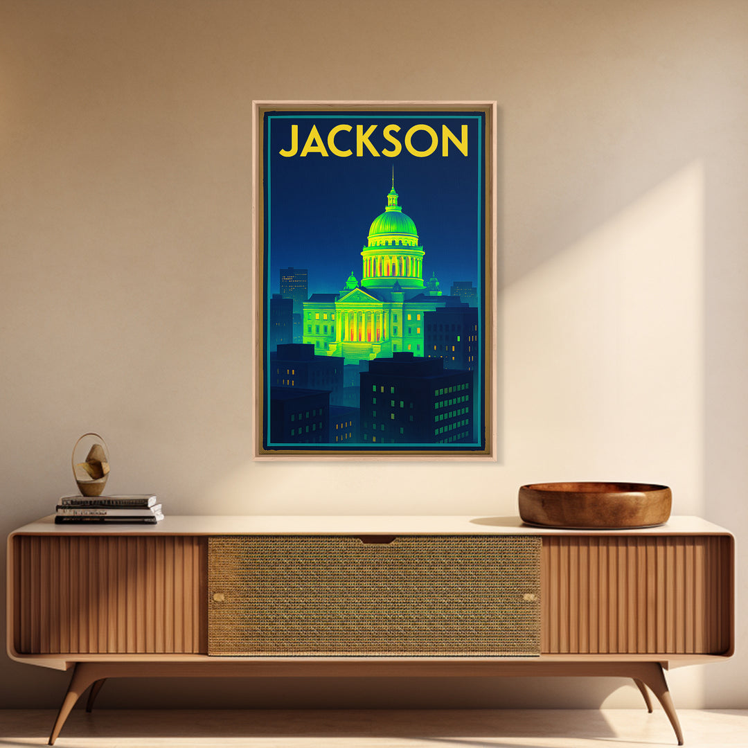 Jackson Travel Poster, Canvas Print, Retro Neon Travel Art, Jackson Wall Art, City Travel Prints, Vintage Travel Print, City Illustration