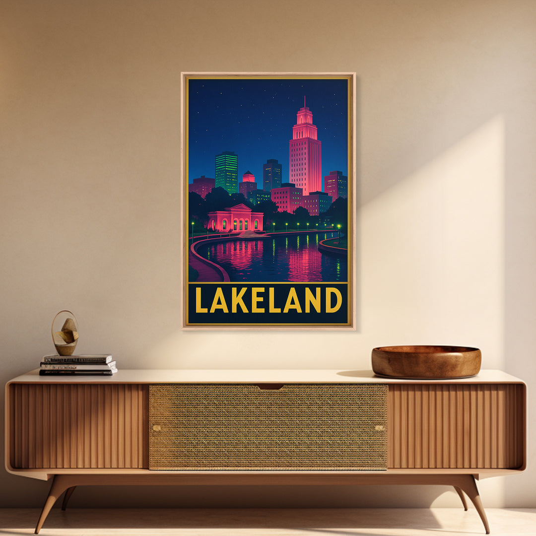 Lakeland Florida Travel Poster, Framed Canvas Print, Cyberpunk Style City Art, Lakeland Wall Art, Home Office Decor, Travel Poster Set
