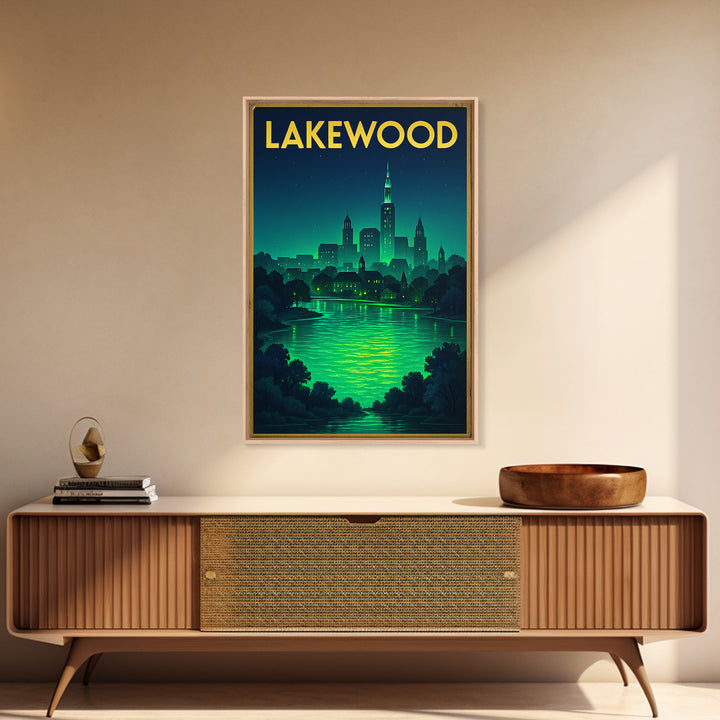 Lakewood Travel Poster, Framed Canvas Print, Neon Cityscape Wall Art, Lakewood Travel Art, City Travel Prints, Vintage Travel Print