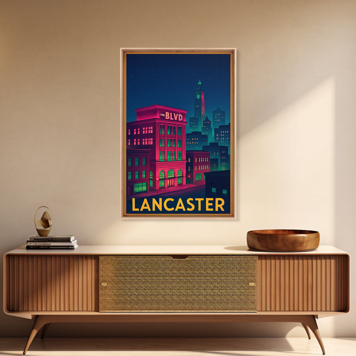 Lancaster California Travel Poster, Canvas Print, Retro Neon Travel Art, Lancaster Wall Art, Travel Art Print, Vintage City Art, Wall Art