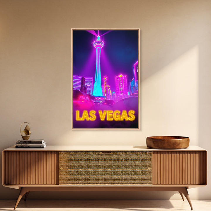 Las Vegas Nevada Travel Poster, Canvas Print, Cyberpunk Style City Art, Las Vegas Poster Print, Mid Century Wall Art, Watercolor Skyline