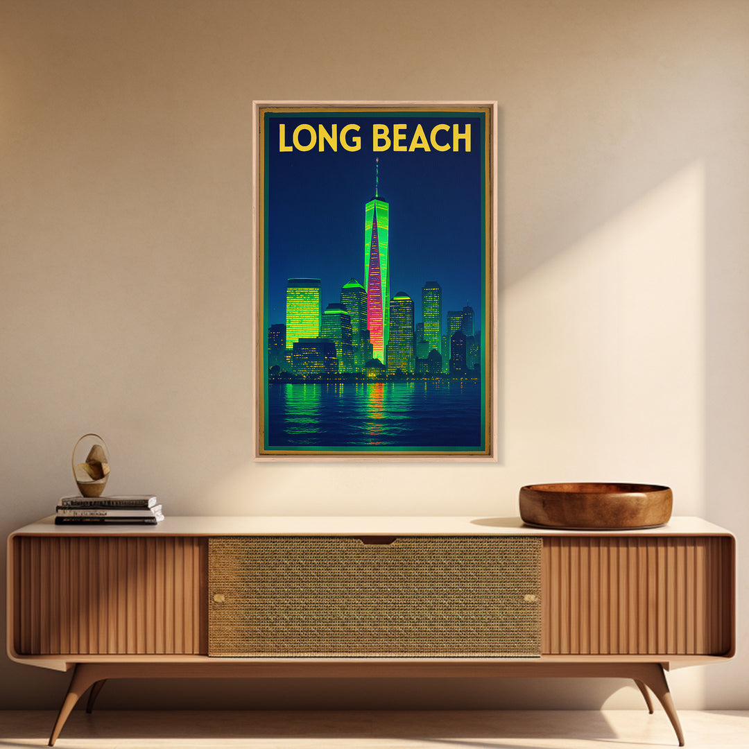 Long Beach Travel Poster, Framed Canvas Print, Retro Neon Travel Art, Long Beach Travel Art, Retro Travel Print, Eclectic Wall Decor