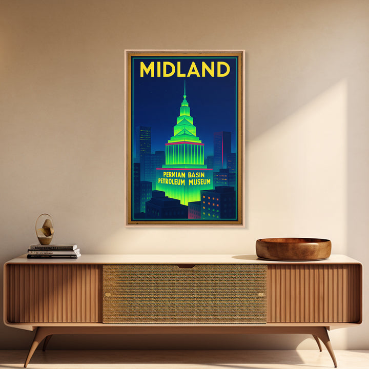Midland Travel Poster, Framed Canvas Print, Retro Neon Travel Art, Midland Art Print, Eclectic Wall Decor, City Art Print, Fine Art Print