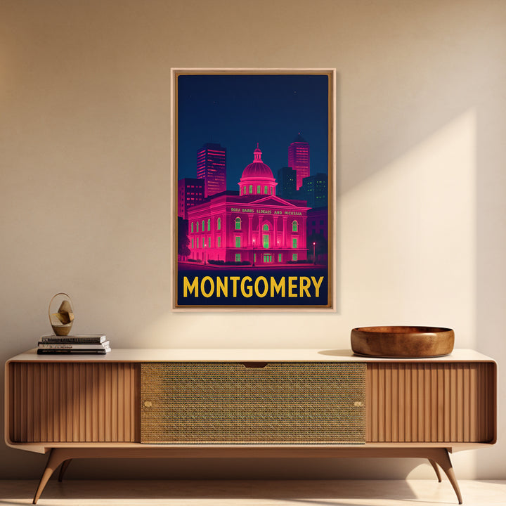 Montgomery Alabama Travel Poster, Canvas Print, Neon Urban Skyline Wall Art, Montgomery Wall Art, Gift For Travelers, Vintage City Art