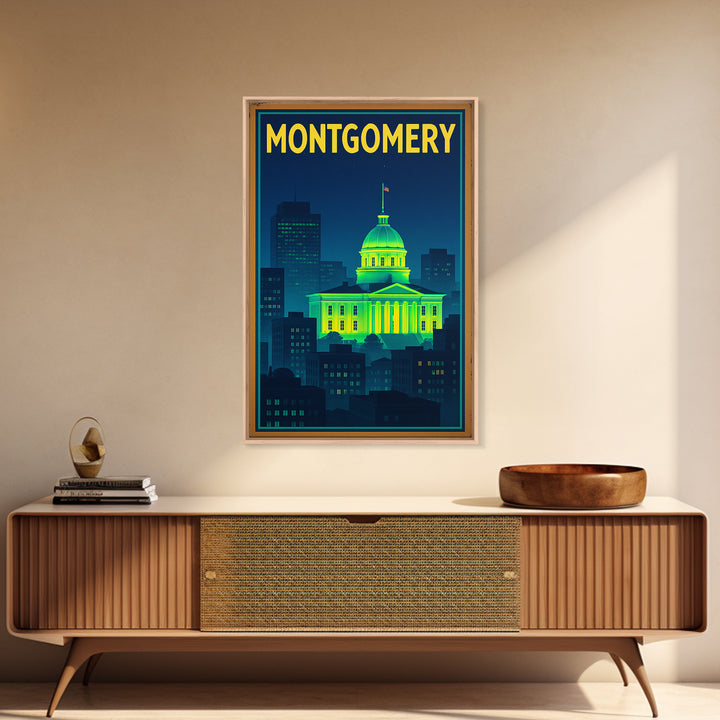 Montgomery Travel Poster, Canvas Print, Neon Downtown Skyline Wall Art, Montgomery City Art, City Illustration, City Travel Prints, Wall Art