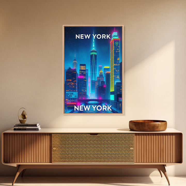 New York City New York Travel Poster, Canvas Print, Neon Skyline Wall Art, New York City Art, City Illustration, Travel Prints, Office Decor