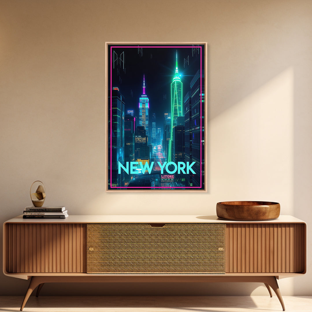 New York Travel Poster, Framed Canvas Print, Electric Night Poster Art, New York Wall Art, Travel Poster Art, Fine Art Print, Design 14