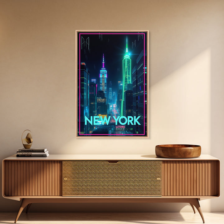 New York Travel Poster, Framed Canvas Print, Electric Night Poster Art, New York Wall Art, Travel Poster Art, Fine Art Print, Design 14