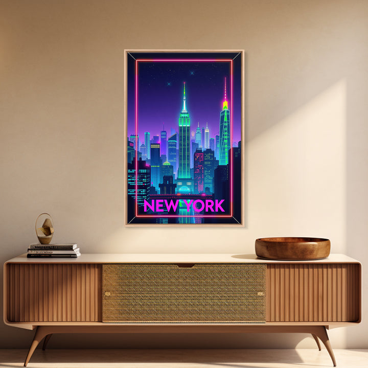 New York Travel Poster, Framed Canvas Print, Electric Night Poster Art, New York Art Print, Living Room Wall Art, Travel Poster Art