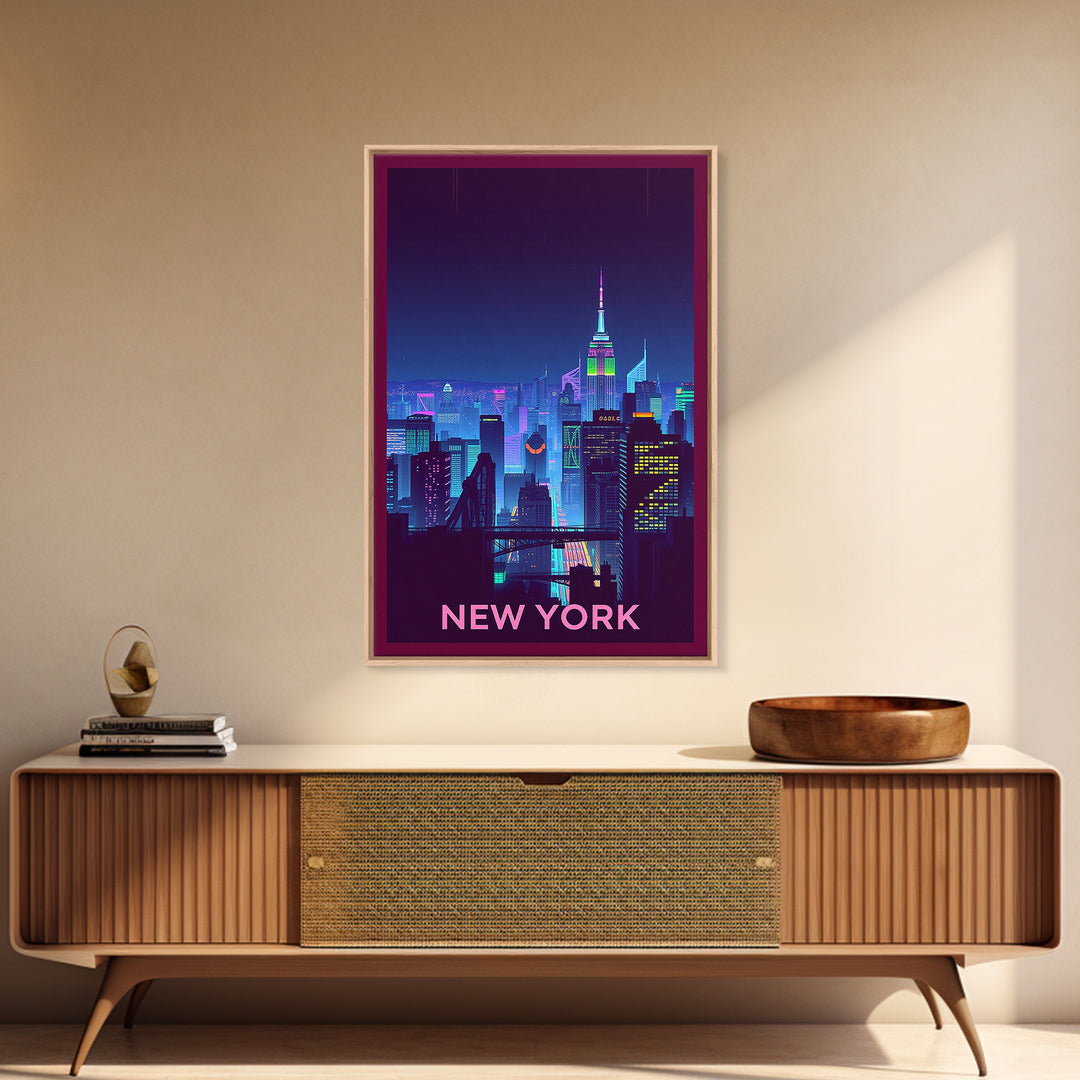 New York Travel Poster, Framed Canvas Print, Retro Neon Travel Art, New York City Art, City Illustration, Travel Poster Art, City Poster