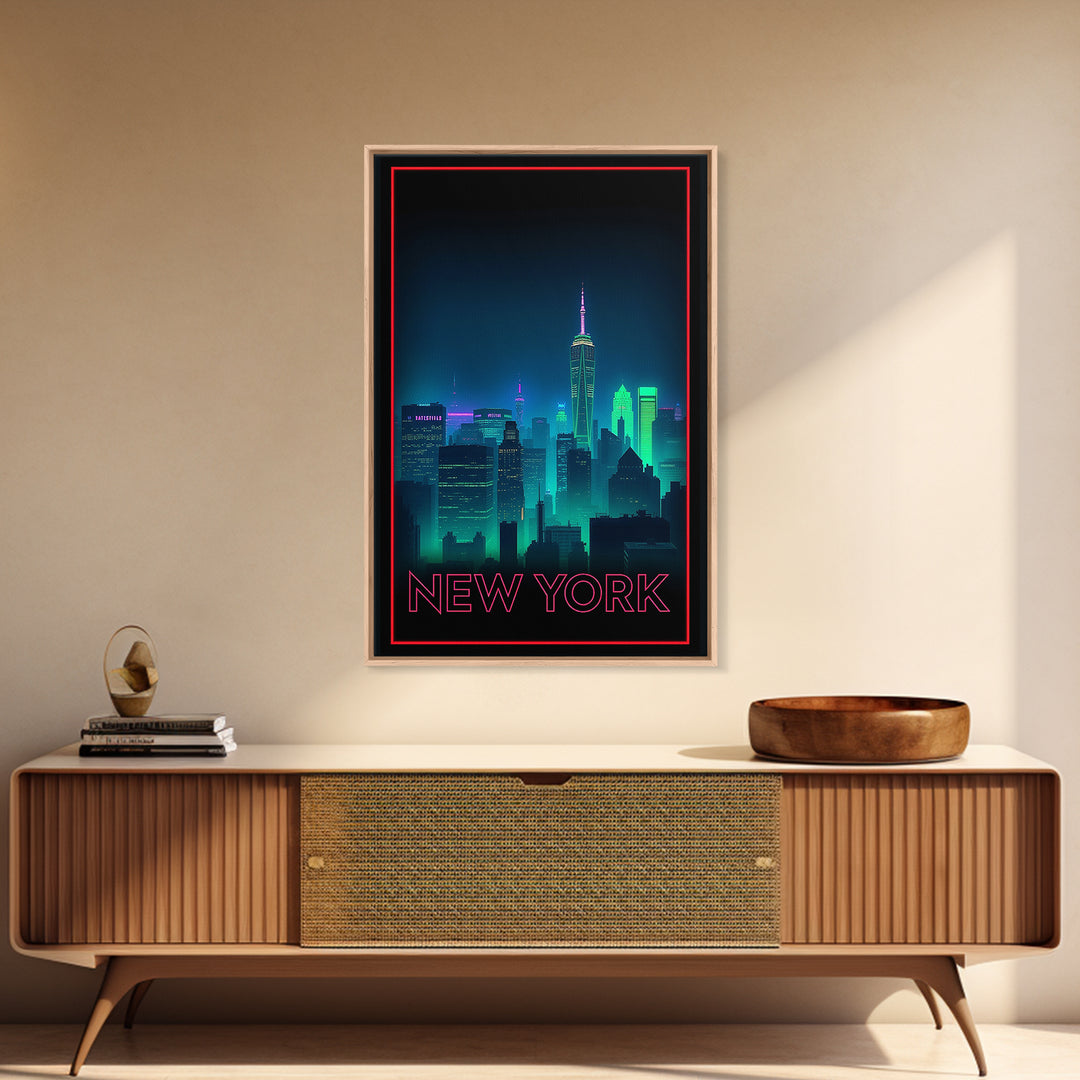 New York Travel Poster, Framed Canvas Print, Cyberpunk Style City Art, New York Poster Print, Fine Art Print, Vintage City Poster