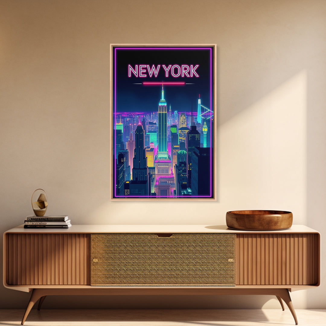 New York Travel Poster, Canvas Print, Retro Neon Travel Art, New York Travel Art, Eclectic Wall Decor, Mid Century Wall Art, Travel Gift