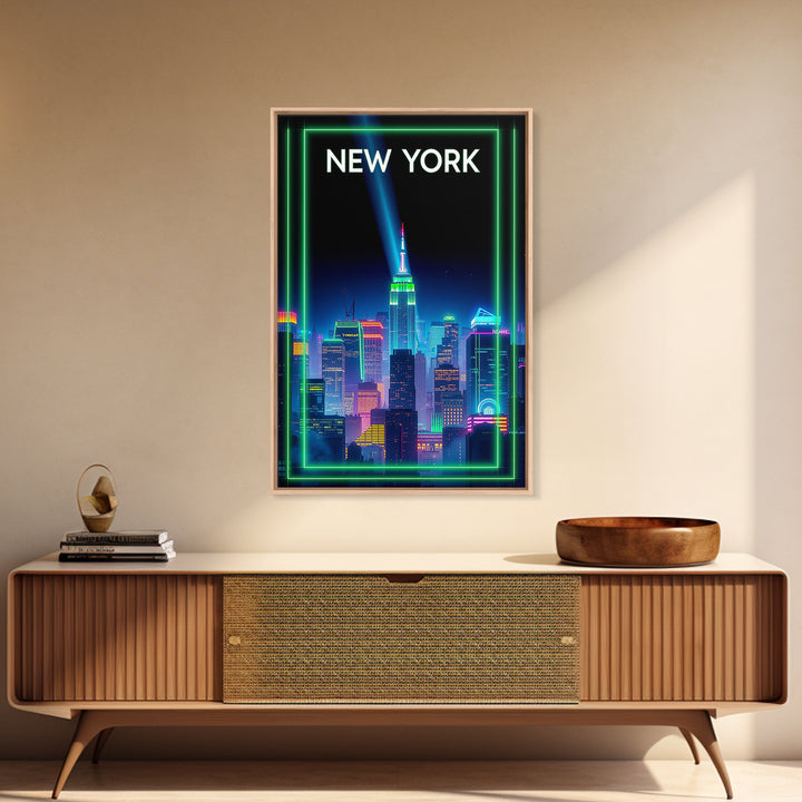 New York Travel Poster, Framed Canvas Print, Retro Neon Travel Art, New York Wall Art, Vintage City Art, Vintage Travel Print, Design 3