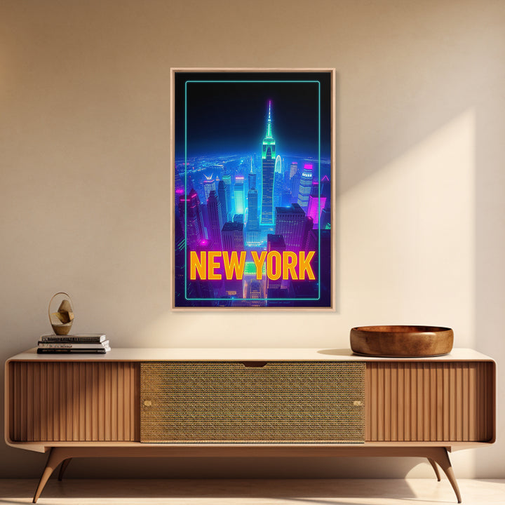 New York Travel Poster, Canvas Print, Neon Cityscape Wall Art, New York Wall Art, City Illustration, Mid Century Wall Art, City Art Print