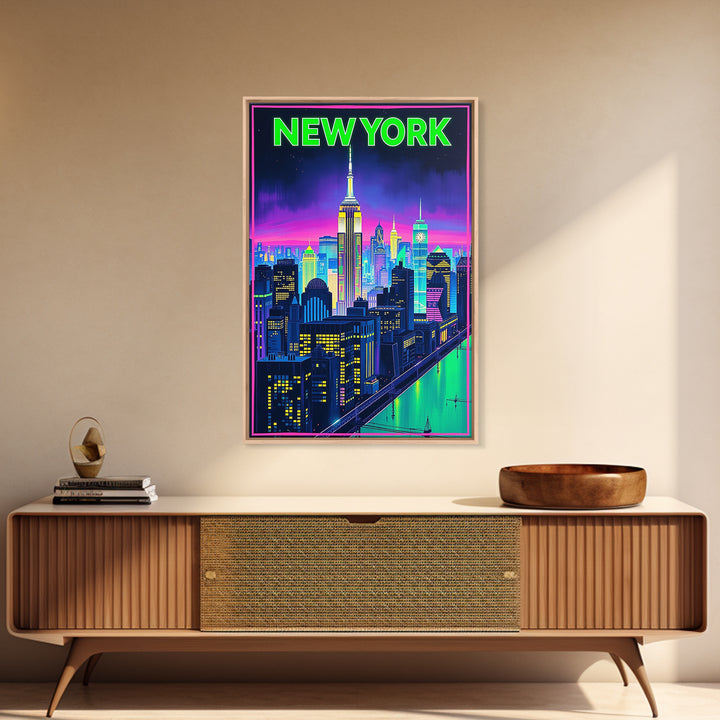 New York Travel Poster, Framed Canvas Print, Retro Neon Travel Art, New York Art Print, City Travel Prints, Fine Art Print, Art Print