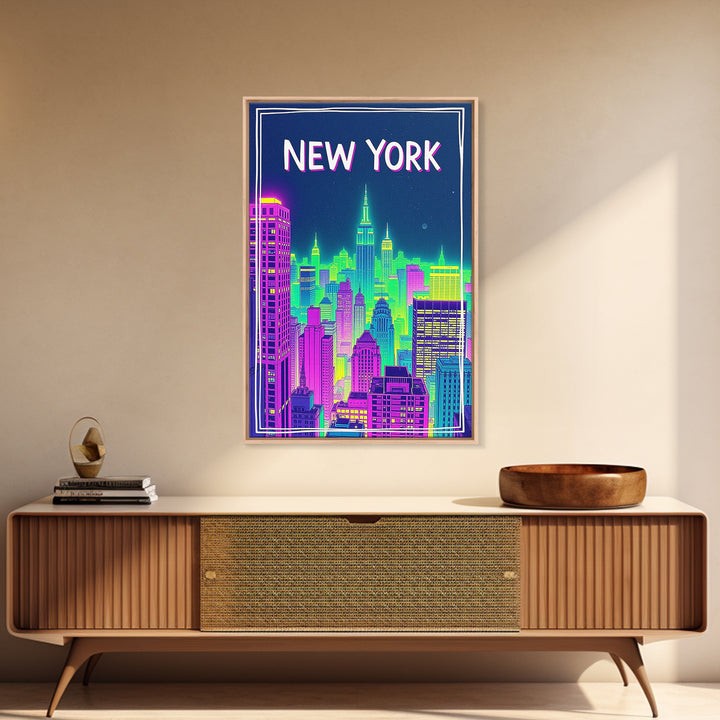 New York Travel Poster, Canvas Print, Neon Downtown Skyline Wall Art, New York City Art, Wanderlust Decor, Travel Wall Decor, Wall Decor