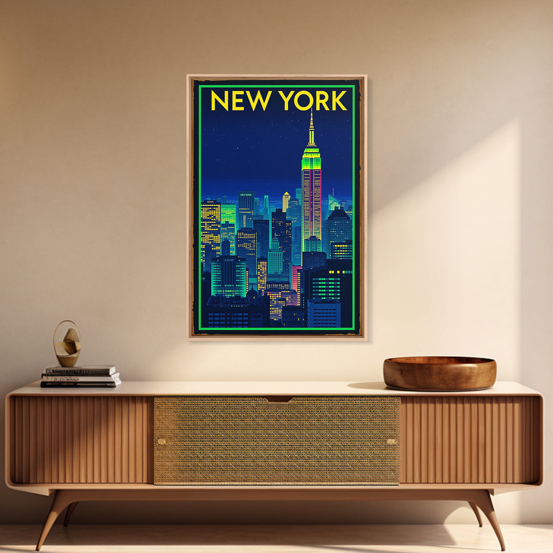 New York Travel Poster, Framed Canvas Print, Neon Downtown Skyline Wall Art, New York Wall Art, Gift For Travelers, Travel Wall Decor