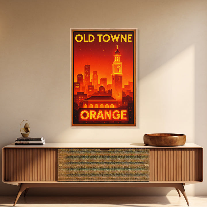Orange Travel Poster, Framed Canvas Print, Retro Neon Travel Art, Orange Travel Art, Watercolor Downtown Skyline, Travel Poster Set
